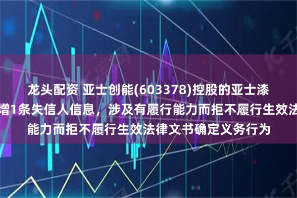 龙头配资 亚士创能(603378)控股的亚士漆（上海）有限公司新增1条失信人信息，涉及有履行能力而拒不履行生效法律文书确定义务行为